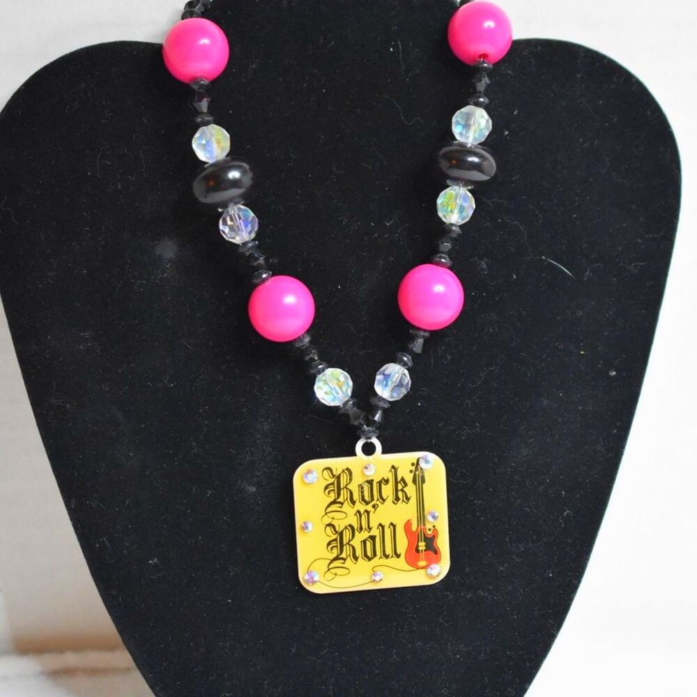 Rock On Hot Pink/Black Beaded Rock n Roll Choker Punk Grunge Necklace